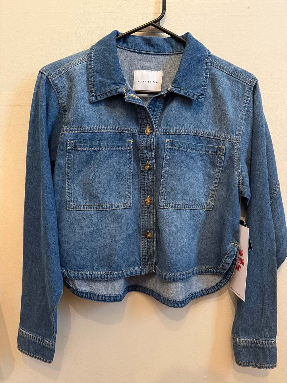Celebrity Pink High-Low Long Sleeve Denim Shirt, Size S